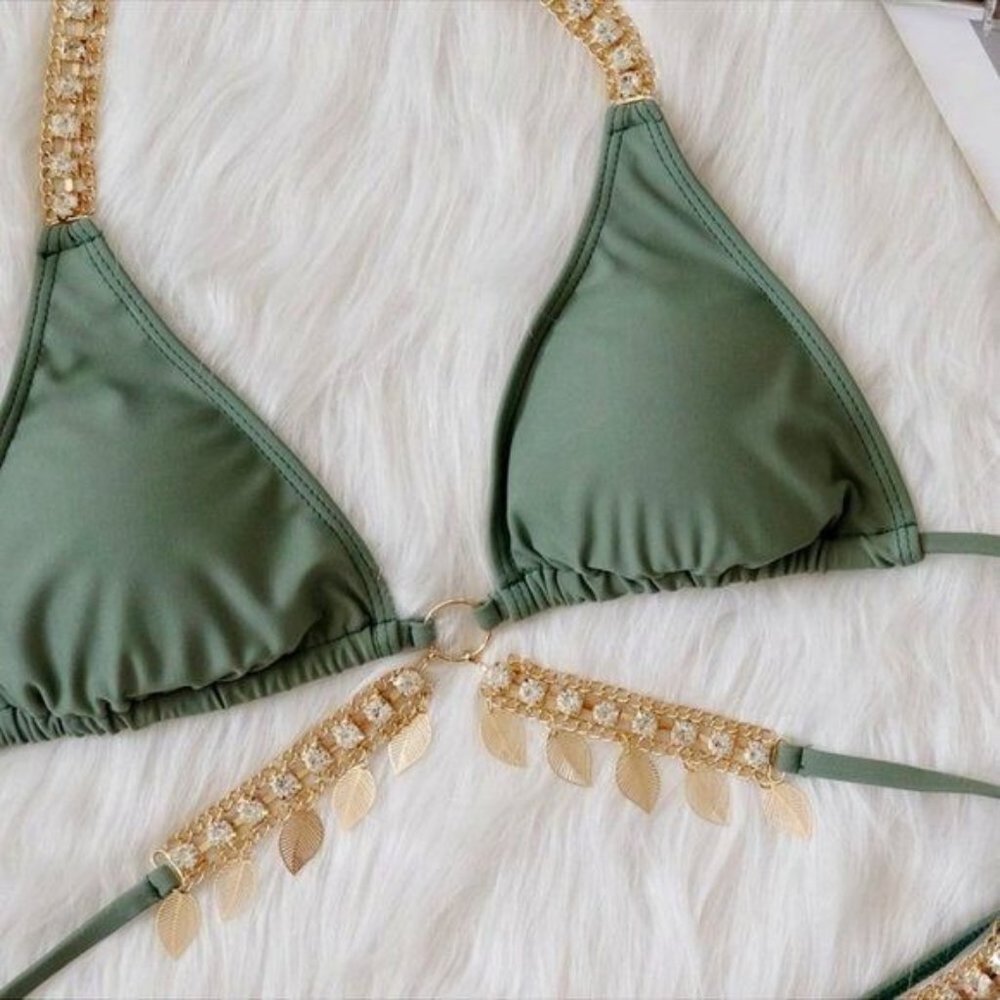 Callie Sage: Dangling Leaves & Rhinestone Scrunch Butt Green Triangle Bikini L - Picture 4 of 8